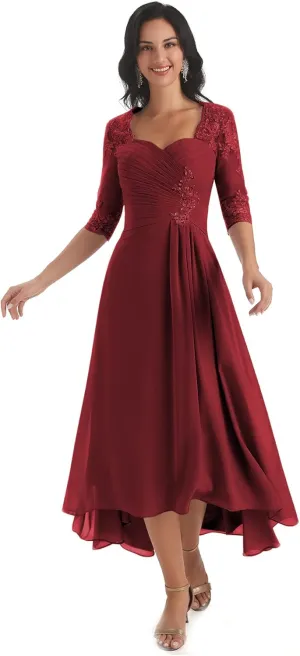 Sukleet Women's Tea Length Mother of The Bride Dresses for Wedding Short Sleeves Lace Applique Formal Evening Prom Gowns
