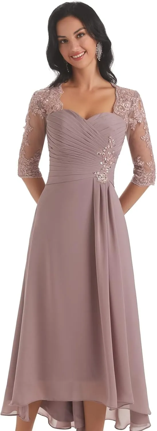 Sukleet Women's Tea Length Mother of The Bride Dresses for Wedding Short Sleeves Lace Applique Formal Evening Prom Gowns
