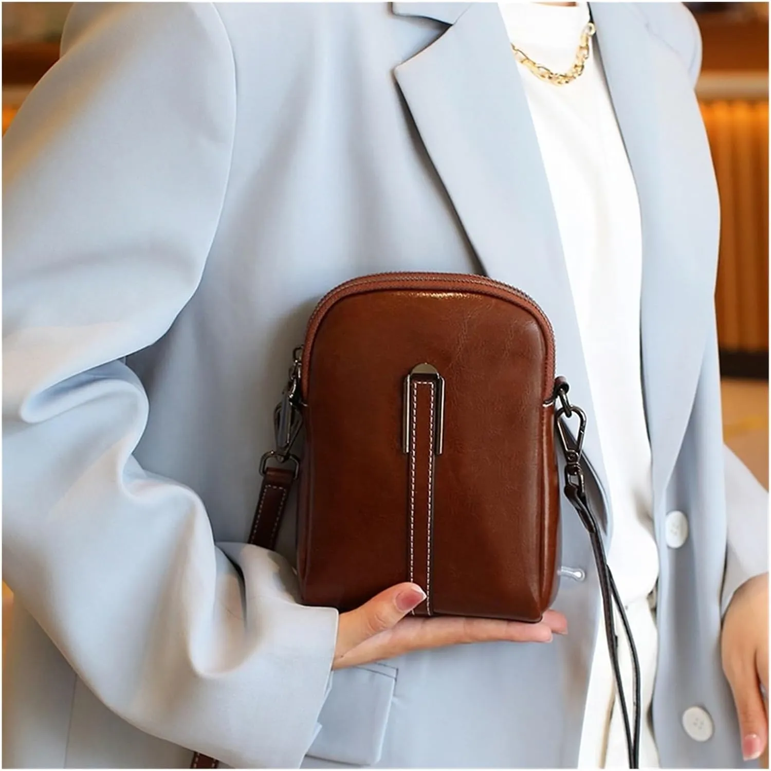 Summer Phone Bag Women's Oil Wax Cowhide Leather Crossbody Bag Fashionable and Casual Shoulder Bagladies' Small