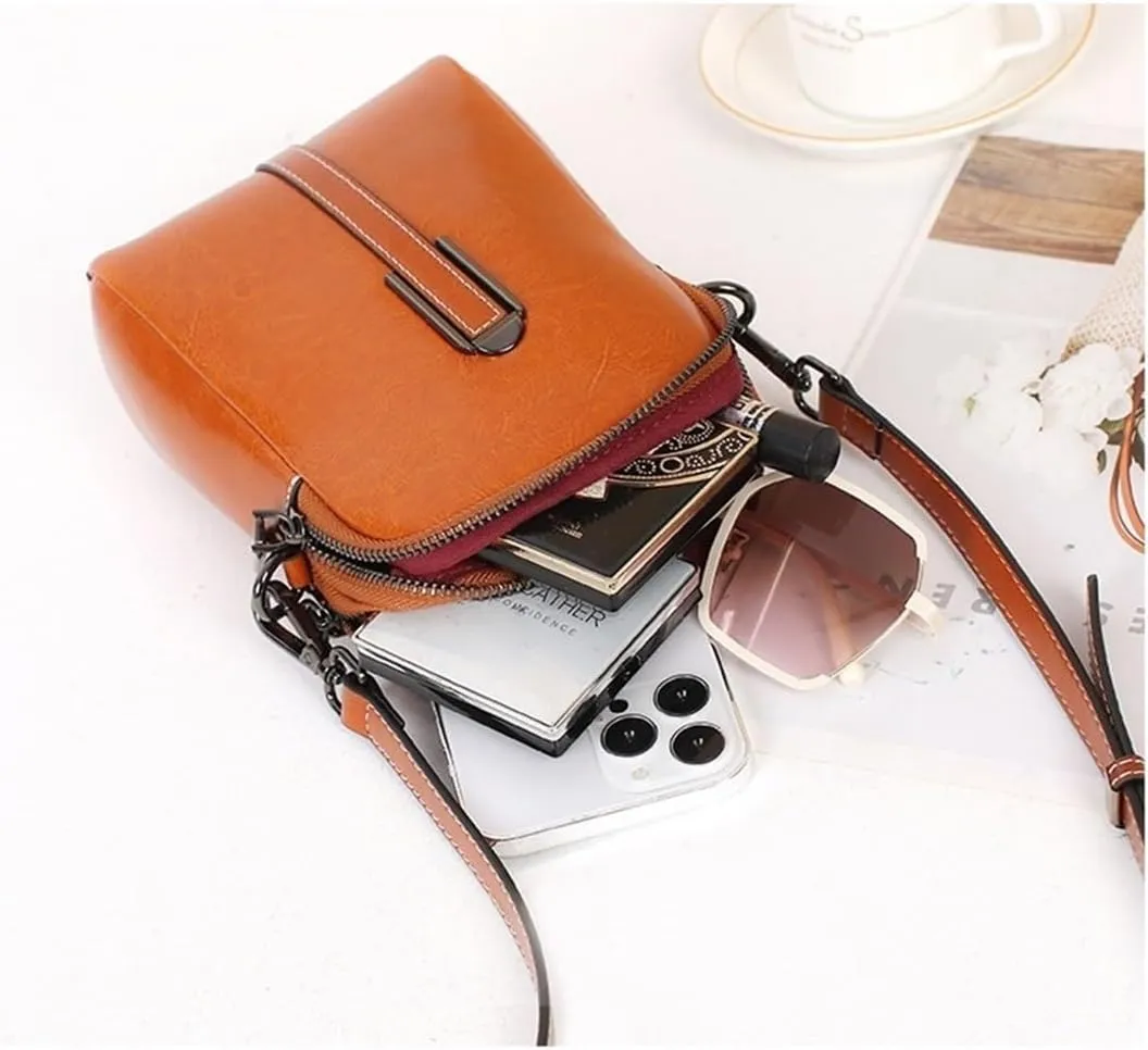 Summer Phone Bag Women's Oil Wax Cowhide Leather Crossbody Bag Fashionable and Casual Shoulder Bagladies' Small