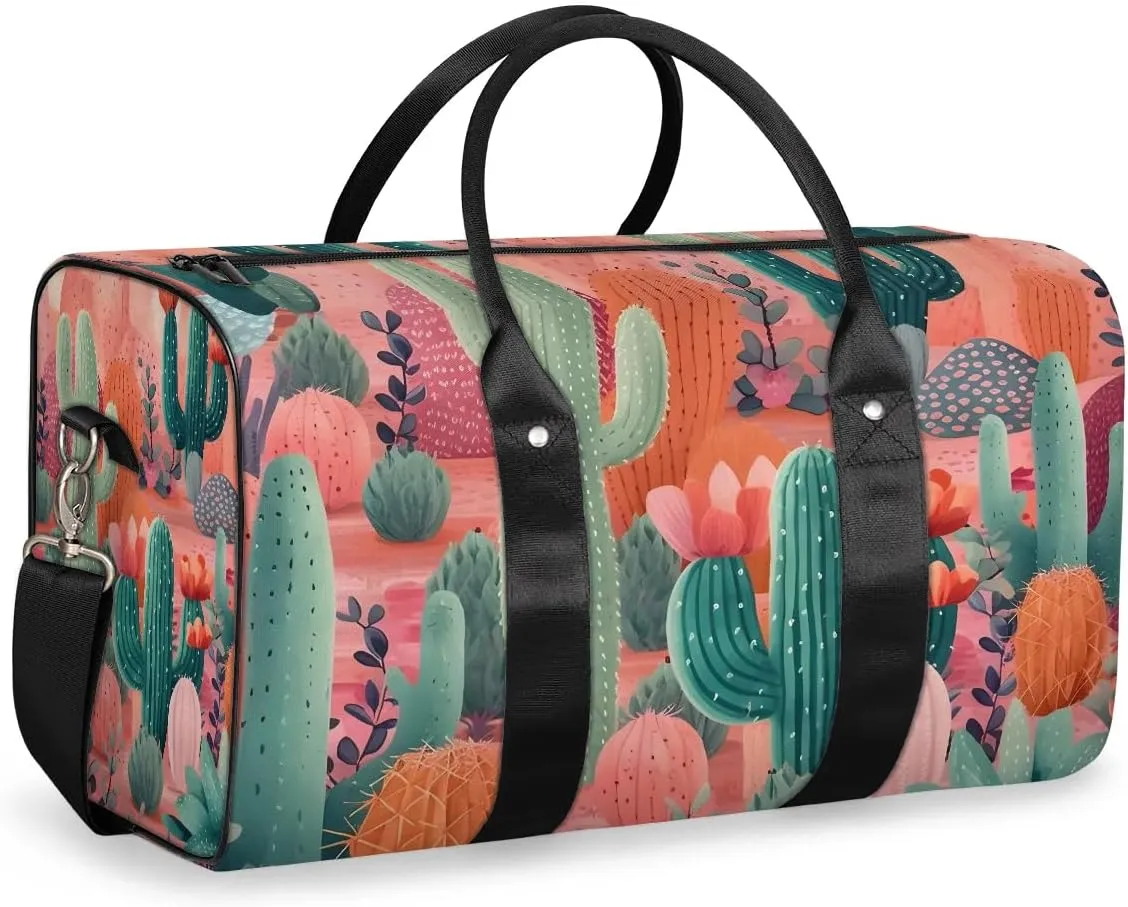 Summer Watercolor Cactus Travel Duffel Bag for Women Men Waterproof Foldable Overnight Weekender Bag Large Capacity Sports Gym Bag