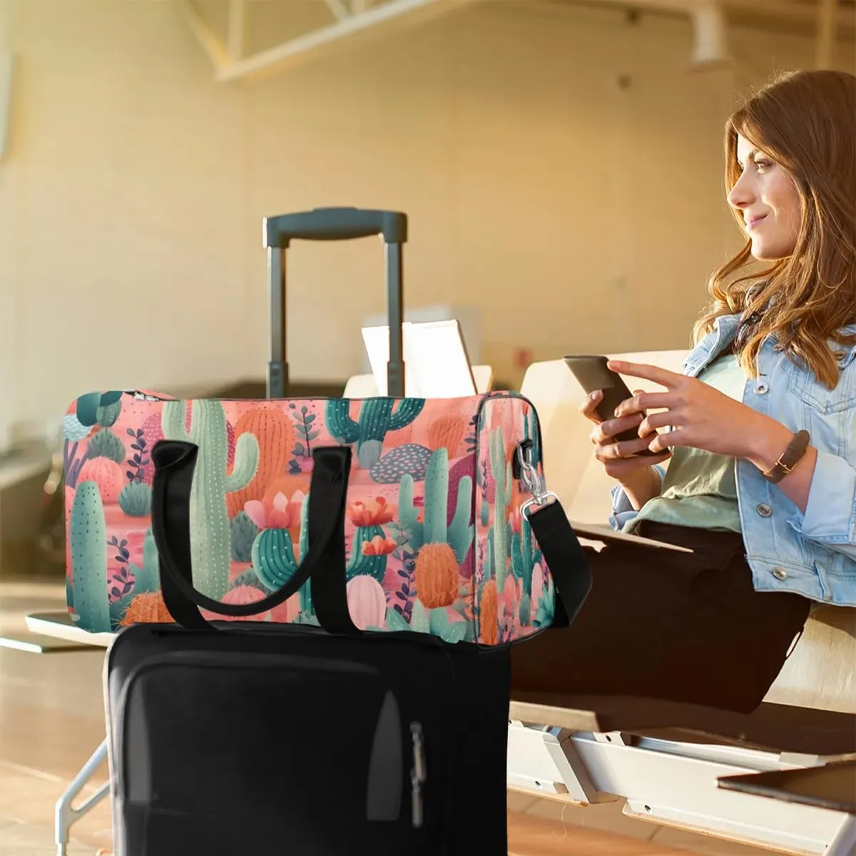 Summer Watercolor Cactus Travel Duffel Bag for Women Men Waterproof Foldable Overnight Weekender Bag Large Capacity Sports Gym Bag