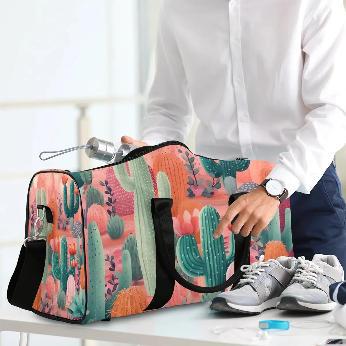 Summer Watercolor Cactus Travel Duffel Bag for Women Men Waterproof Foldable Overnight Weekender Bag Large Capacity Sports Gym Bag