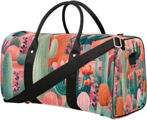 Summer Watercolor Cactus Travel Duffel Bag for Women Men Waterproof Foldable Overnight Weekender Bag Large Capacity Sports Gym Bag