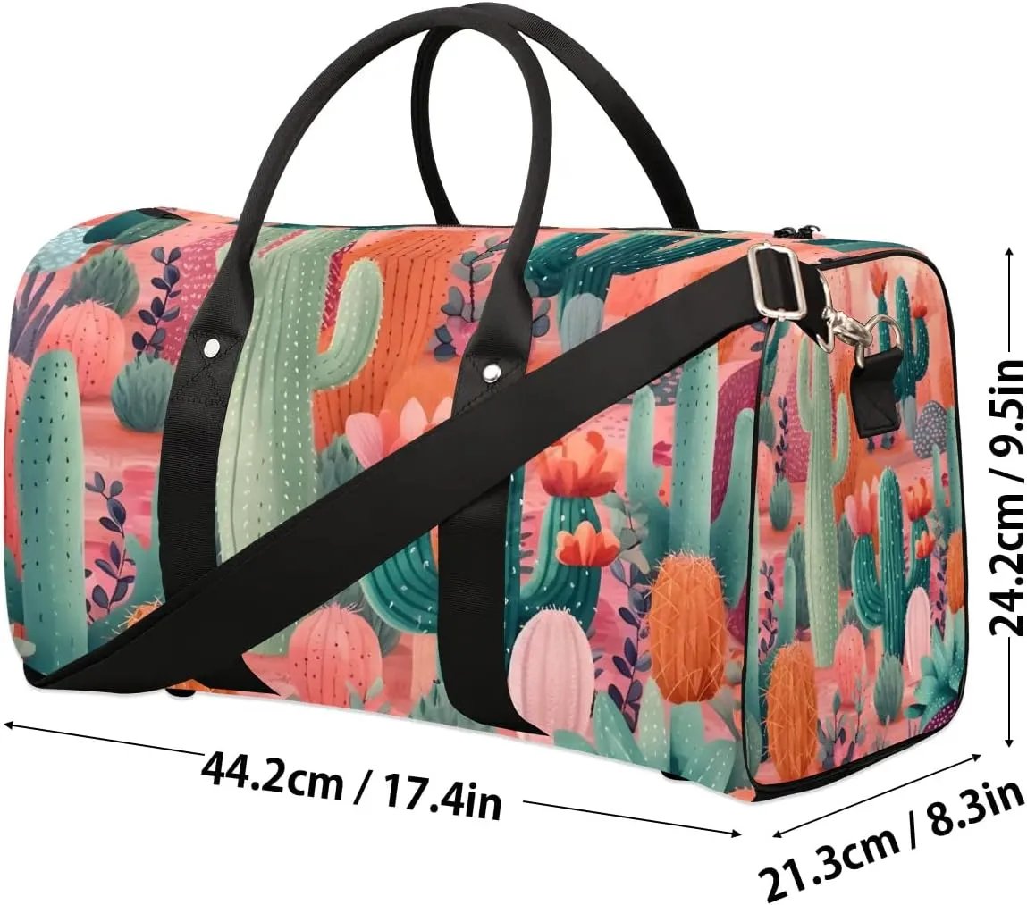 Summer Watercolor Cactus Travel Duffel Bag for Women Men Waterproof Foldable Overnight Weekender Bag Large Capacity Sports Gym Bag