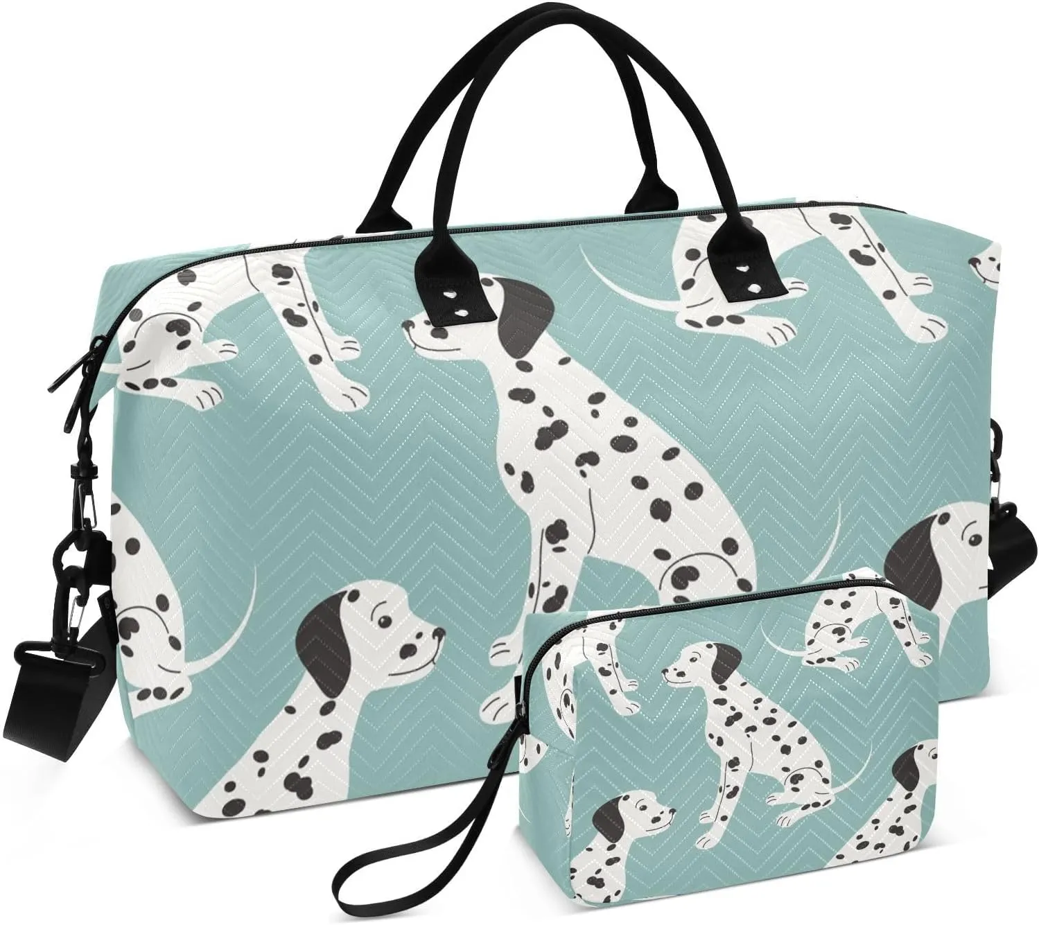 susiyo Cute White Dalmatian Dog Travel Duffel Bags Quilted Gym Bag Weekender Overnight Bags with Small Makeup Pouch