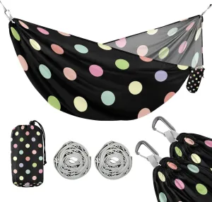 susiyo Portable Camping Hammock Colorful Polka Dots Black Printed Lightweight Hammock Comfortable Travel Swing with Tree Straps for Camping Hiking Backpacking Travel or Beach - Up to 330lbs