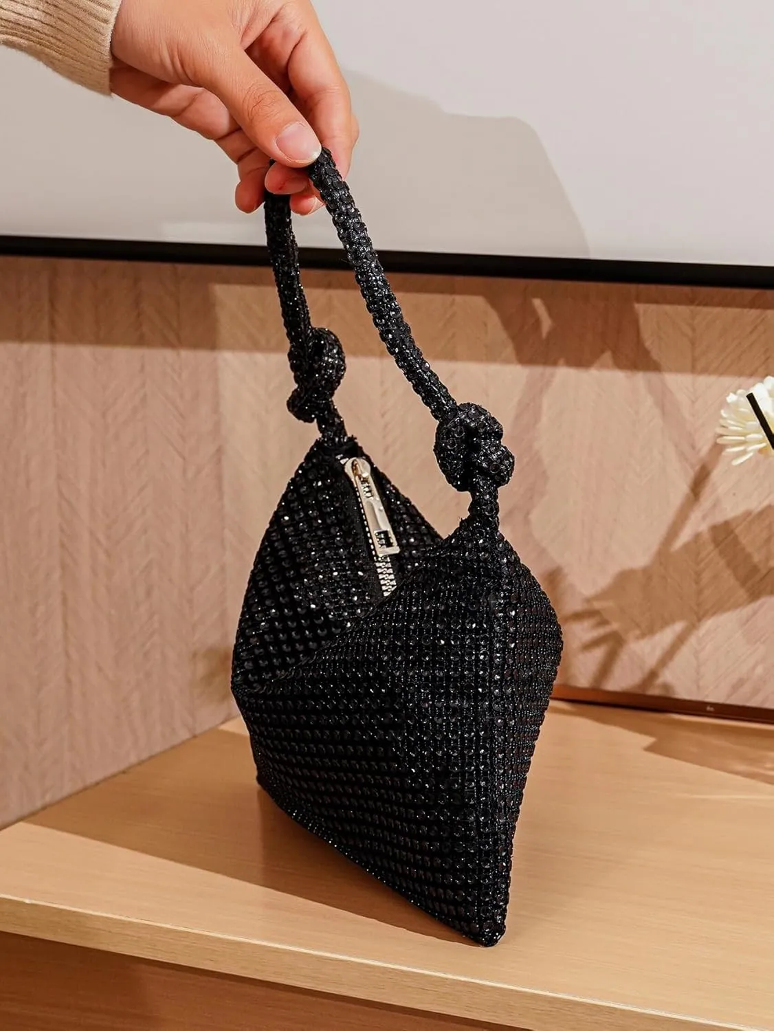 SweatyRocks Women's Glitter Rhinestone Evening Bag Glamorous Shoulder Handbag Knot Strap Clutch Purse Square Bags