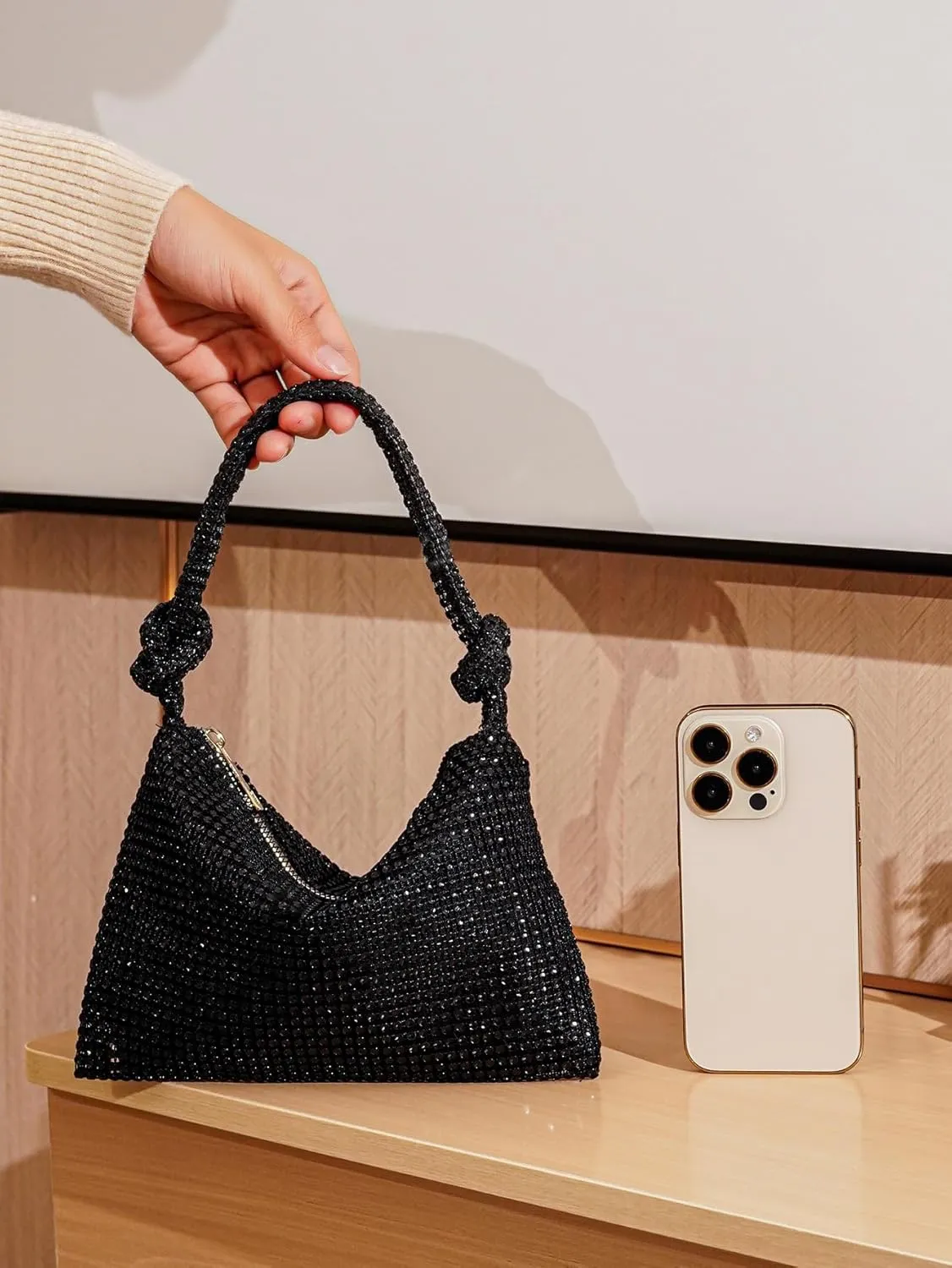 SweatyRocks Women's Glitter Rhinestone Evening Bag Glamorous Shoulder Handbag Knot Strap Clutch Purse Square Bags