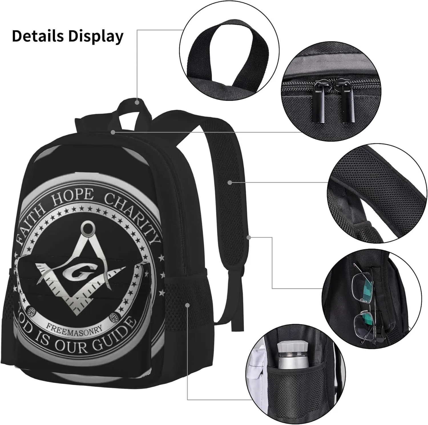 SWEET TANG School Backpack Student Set Bookbag - Masonic Faith Hope And Charity Freemason Logo Black Travel Hiking Large Capacity Antitheft Multipurpose For Man/Women/College Teen Girls