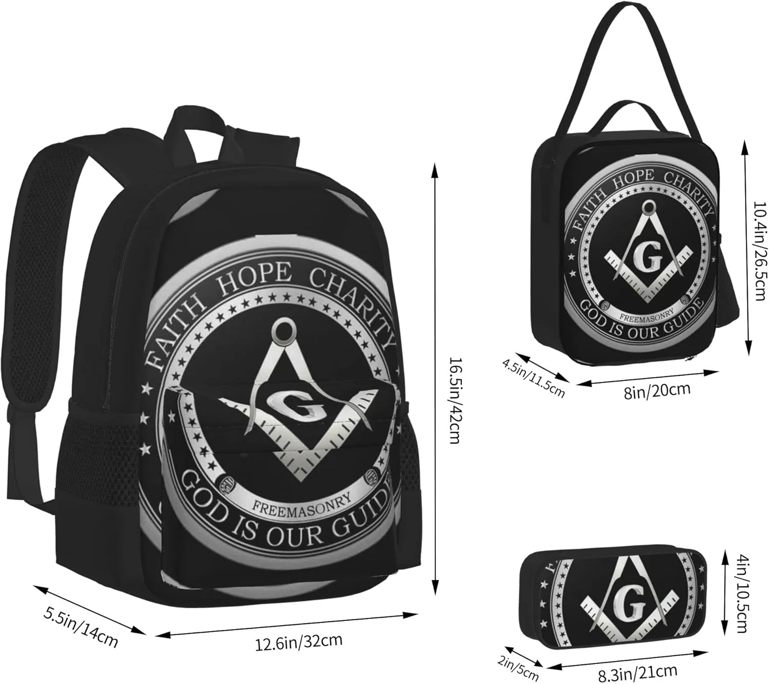 SWEET TANG School Backpack Student Set Bookbag - Masonic Faith Hope And Charity Freemason Logo Black Travel Hiking Large Capacity Antitheft Multipurpose For Man/Women/College Teen Girls
