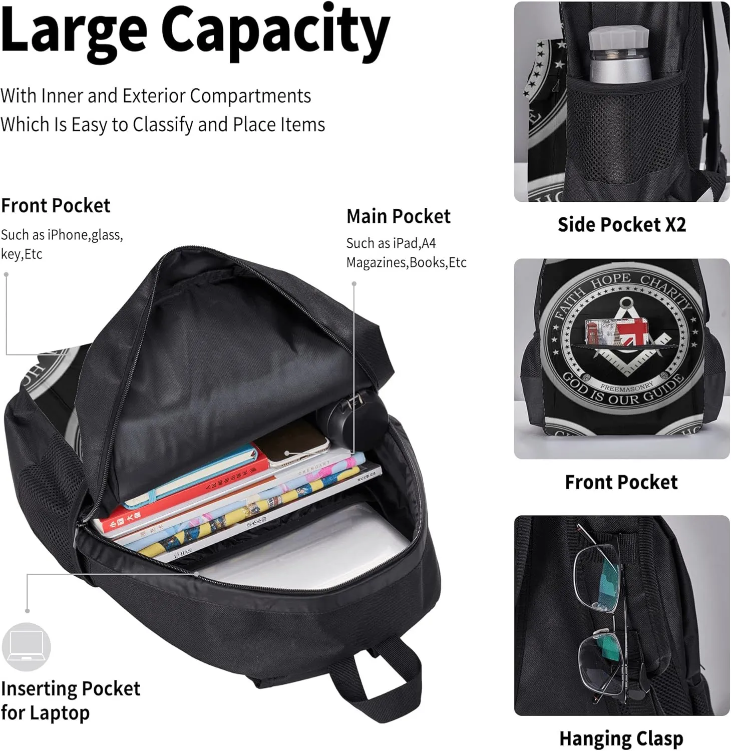 SWEET TANG School Backpack Student Set Bookbag - Masonic Faith Hope And Charity Freemason Logo Black Travel Hiking Large Capacity Antitheft Multipurpose For Man/Women/College Teen Girls