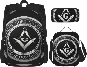 SWEET TANG School Backpack Student Set Bookbag - Masonic Faith Hope And Charity Freemason Logo Black Travel Hiking Large Capacity Antitheft Multipurpose For Man/Women/College Teen Girls