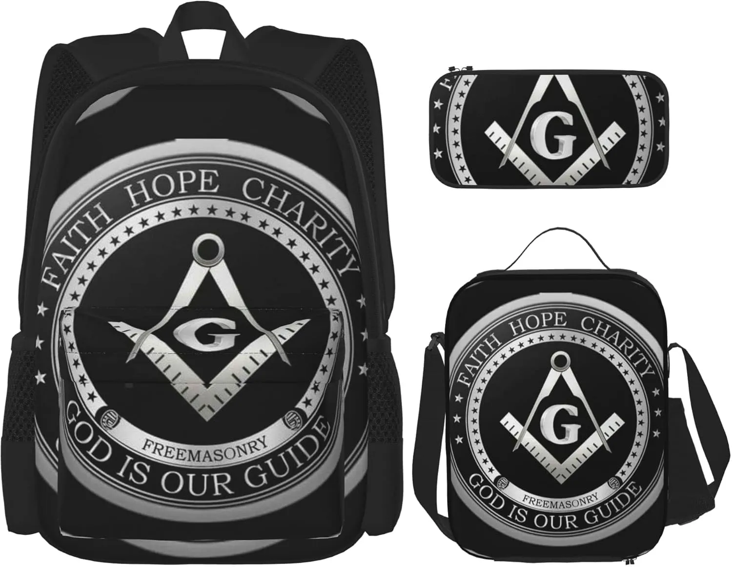 SWEET TANG School Backpack Student Set Bookbag - Masonic Faith Hope And Charity Freemason Logo Black Travel Hiking Large Capacity Antitheft Multipurpose For Man/Women/College Teen Girls
