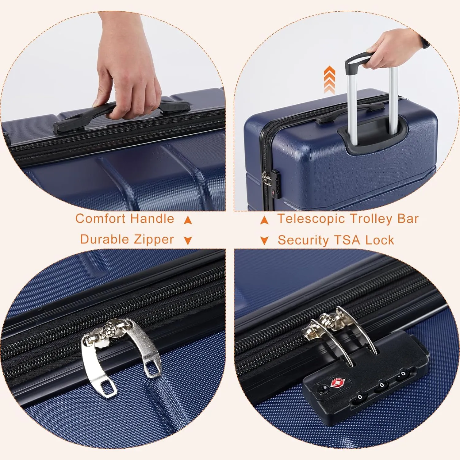 Sweetcrispy Carry on Luggage, Hard Shell ABS, Double Spinner Wheels Lightweight Suitcase TSA Lock, Navy Blue, 20 Inch