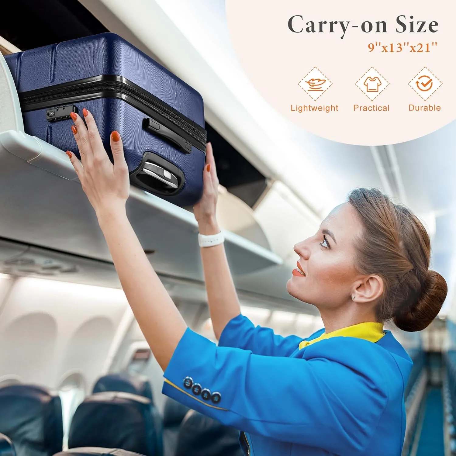 Sweetcrispy Carry on Luggage, Hard Shell ABS, Double Spinner Wheels Lightweight Suitcase TSA Lock, Navy Blue, 20 Inch