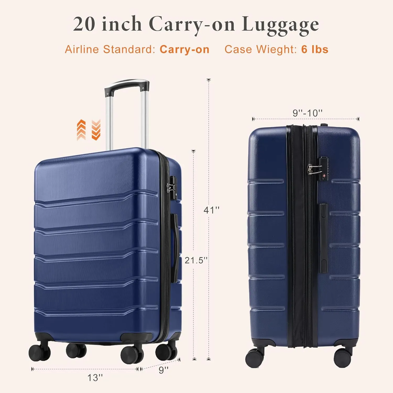 Sweetcrispy Carry on Luggage, Hard Shell ABS, Double Spinner Wheels Lightweight Suitcase TSA Lock, Navy Blue, 20 Inch