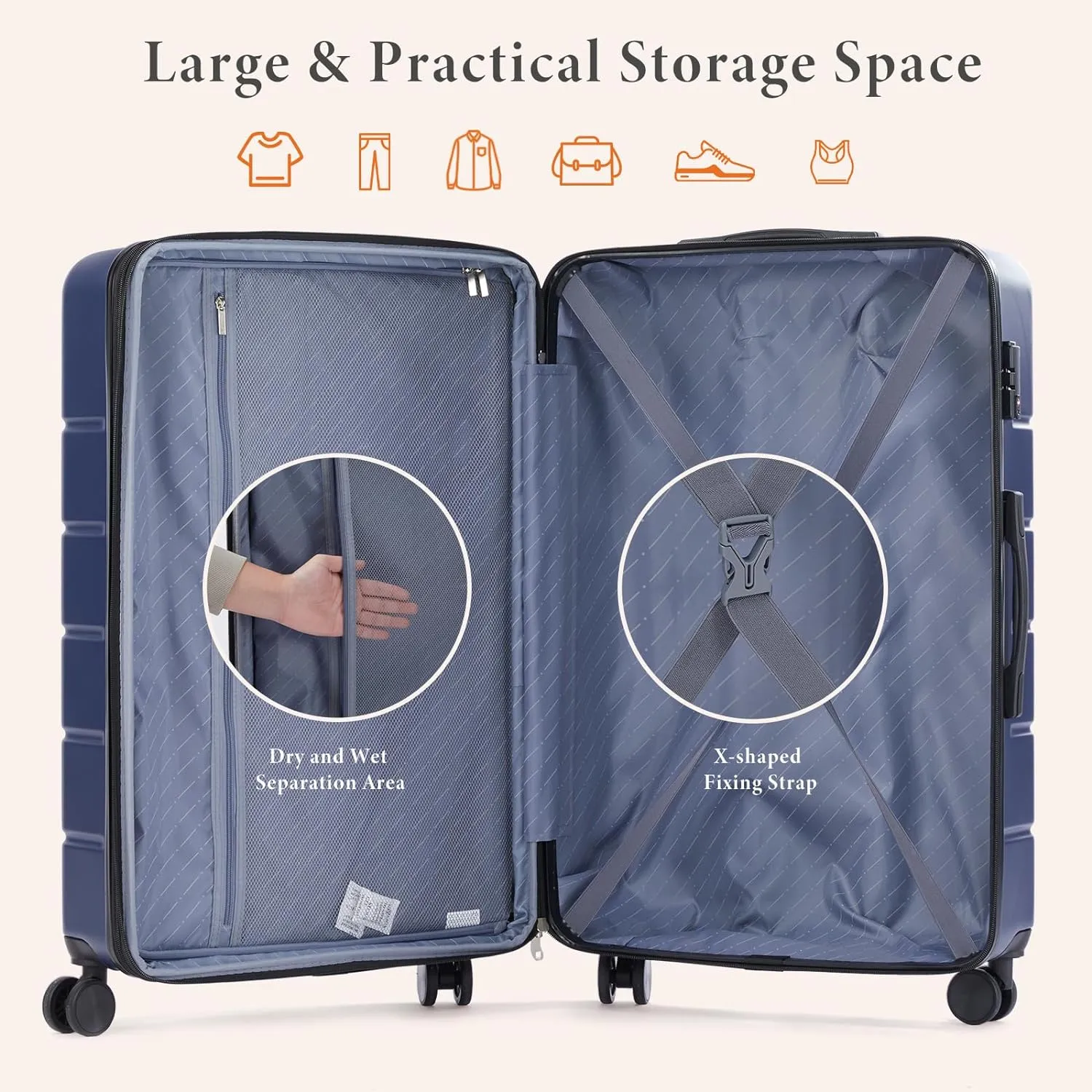 Sweetcrispy Carry on Luggage, Hard Shell ABS, Double Spinner Wheels Lightweight Suitcase TSA Lock, Navy Blue, 20 Inch