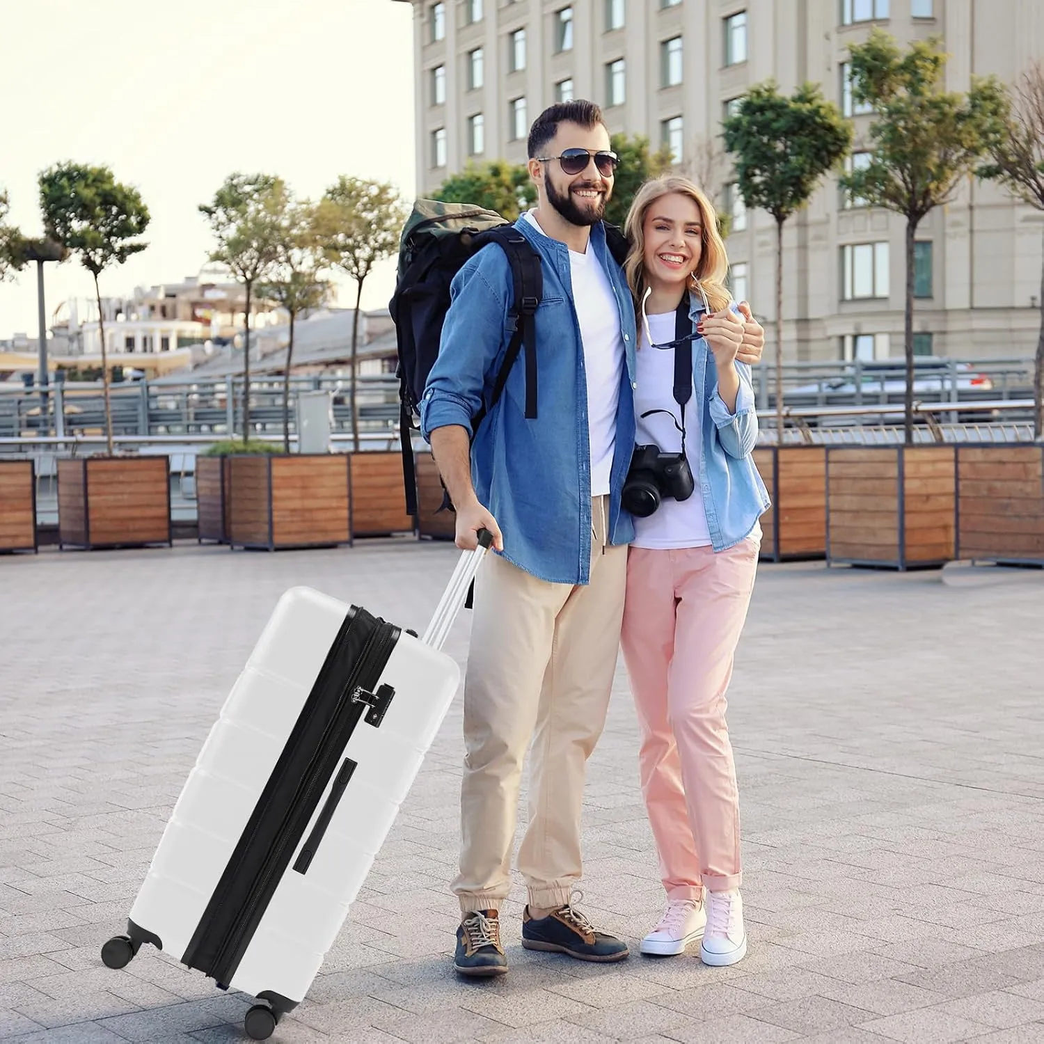 Sweetcrispy Carry on Luggage, Hard Shell ABS, Double Spinner Wheels Lightweight Suitcase TSA Lock, Raw White, 28 Inch