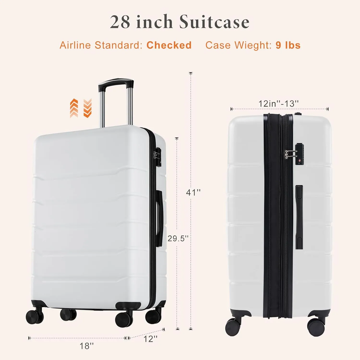 Sweetcrispy Carry on Luggage, Hard Shell ABS, Double Spinner Wheels Lightweight Suitcase TSA Lock, Raw White, 28 Inch