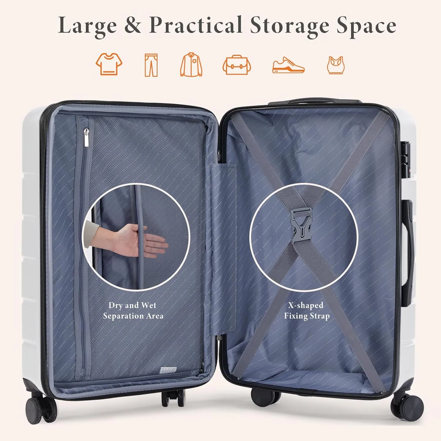 Sweetcrispy Carry on Luggage, Hard Shell ABS, Double Spinner Wheels Lightweight Suitcase TSA Lock, Raw White, 28 Inch
