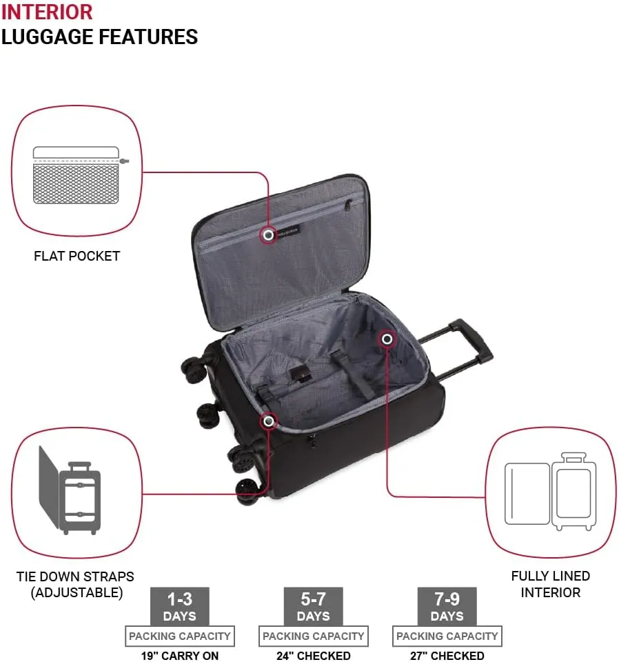 SwissGear Sion II Softside Expandable Luggage with Spinner Wheels, Black, 3-Piece Set (20/24/28)
