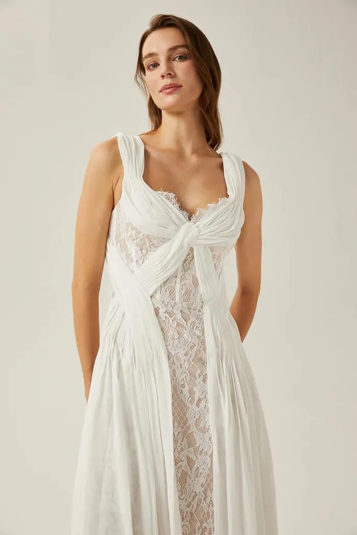 SYYS Boho Wedding Dress for Women V Neck Lace Applique Wide Straps Formal Gown SYYS535
