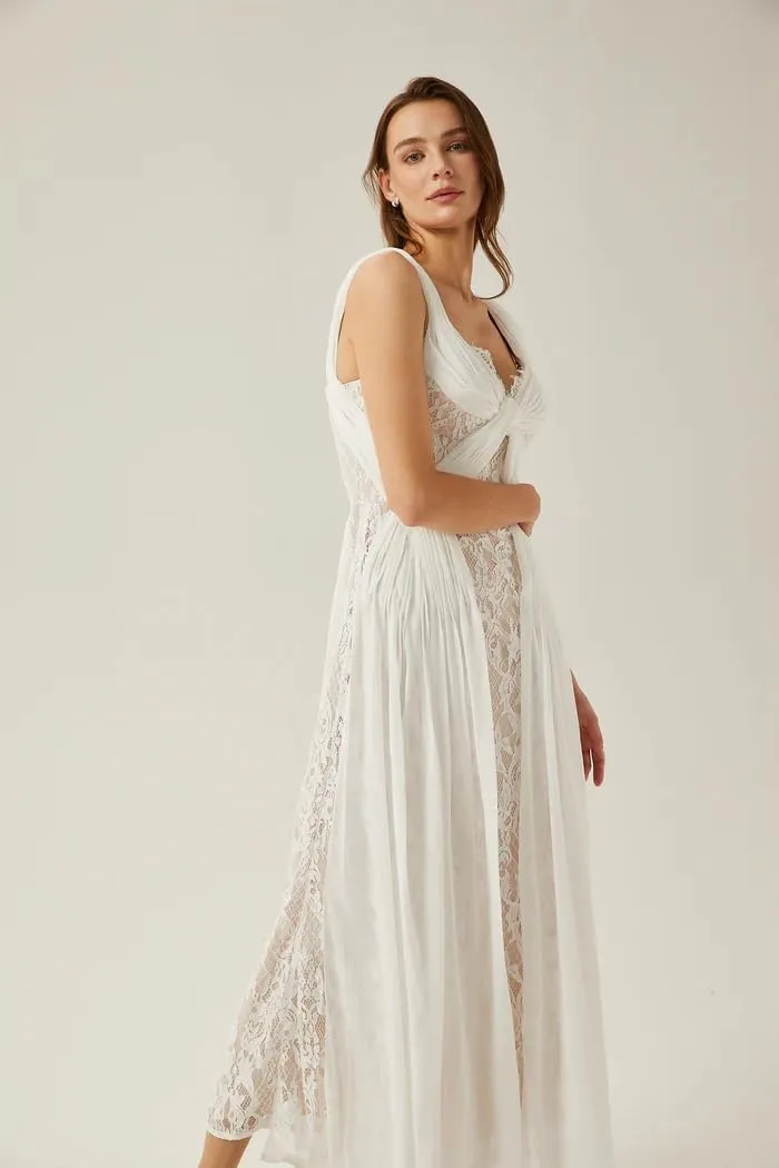 SYYS Boho Wedding Dress for Women V Neck Lace Applique Wide Straps Formal Gown SYYS535