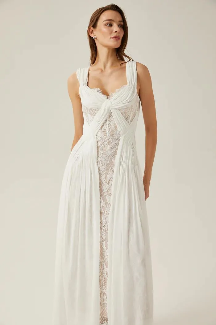 SYYS Boho Wedding Dress for Women V Neck Lace Applique Wide Straps Formal Gown SYYS535
