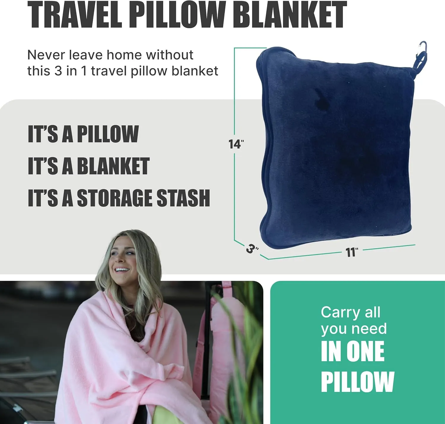 Take OFF Luggage - Compact Travel Blanket and Pillow, Super Soft Stuffable Bag with Zipper Pockets & a Keychain, Fits 3 Days of Essentials, Carry on Airplanes, Cars and Road Trip Accessories, Blue