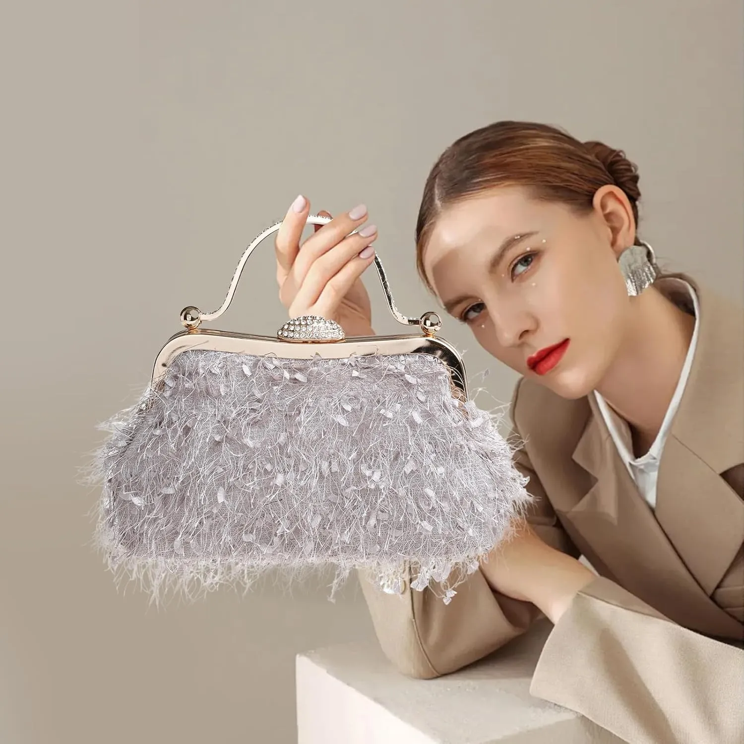 Tassel Women's Evening Handbag Cocktail Prom Formal Clutch Purse Feather Elegant Shoulder Bag for Wedding Banquet