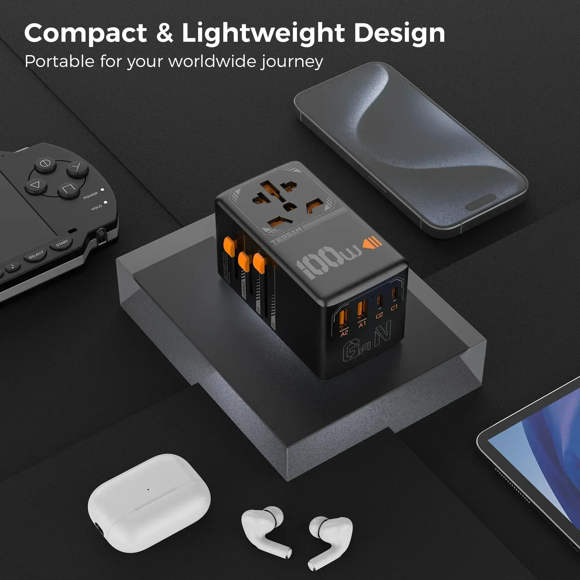 TESSAN 100W GaN Universal Travel Adapter – High-Speed USB & Type-C Fast Charger for EU/UK/US/AU!