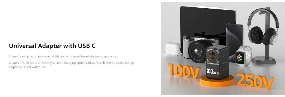 TESSAN 100W GaN Universal Travel Adapter – High-Speed USB & Type-C Fast Charger for EU/UK/US/AU!