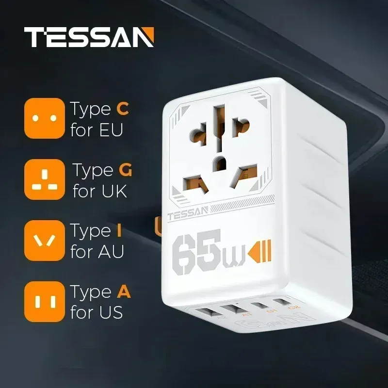 TESSAN 100W GaN Universal Travel Adapter – High-Speed USB & Type-C Fast Charger for EU/UK/US/AU!
