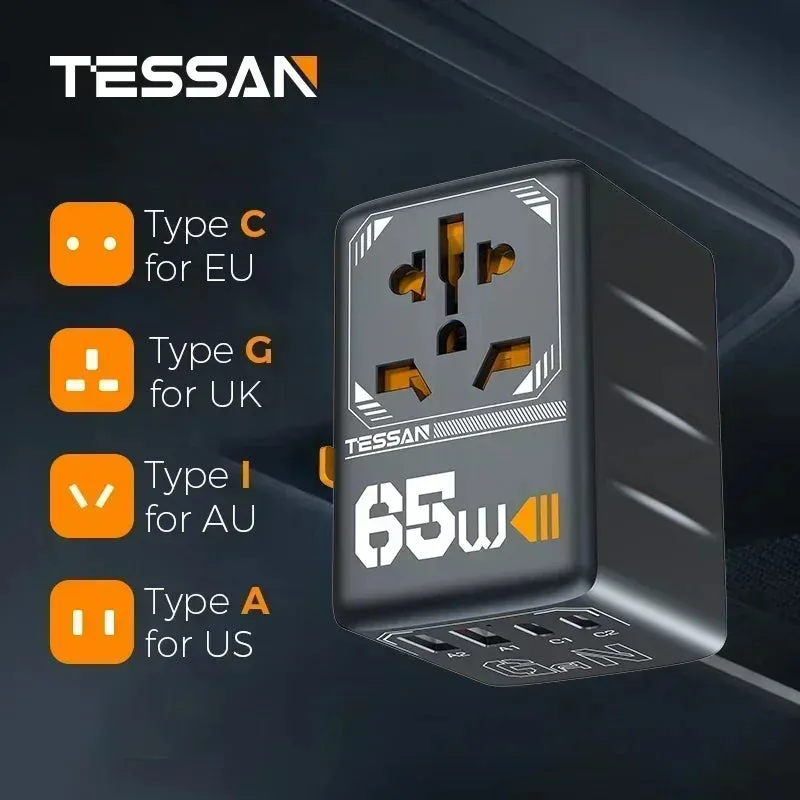 TESSAN 100W GaN Universal Travel Adapter – High-Speed USB & Type-C Fast Charger for EU/UK/US/AU!