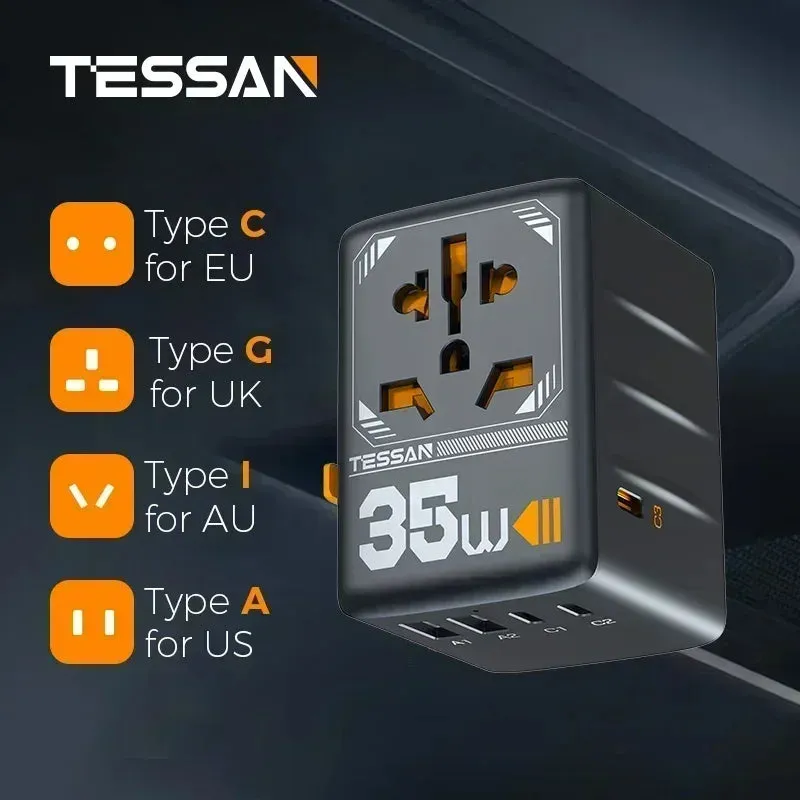 TESSAN 100W GaN Universal Travel Adapter – High-Speed USB & Type-C Fast Charger for EU/UK/US/AU!
