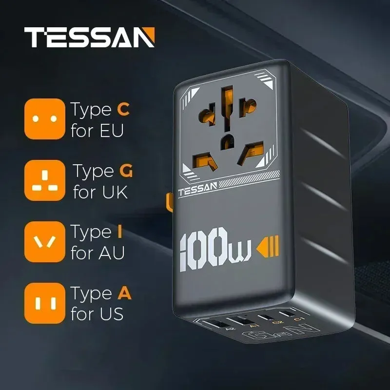 TESSAN 100W GaN Universal Travel Adapter – High-Speed USB & Type-C Fast Charger for EU/UK/US/AU!