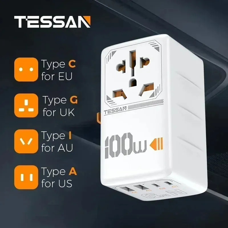 TESSAN 100W GaN Universal Travel Adapter – High-Speed USB & Type-C Fast Charger for EU/UK/US/AU!
