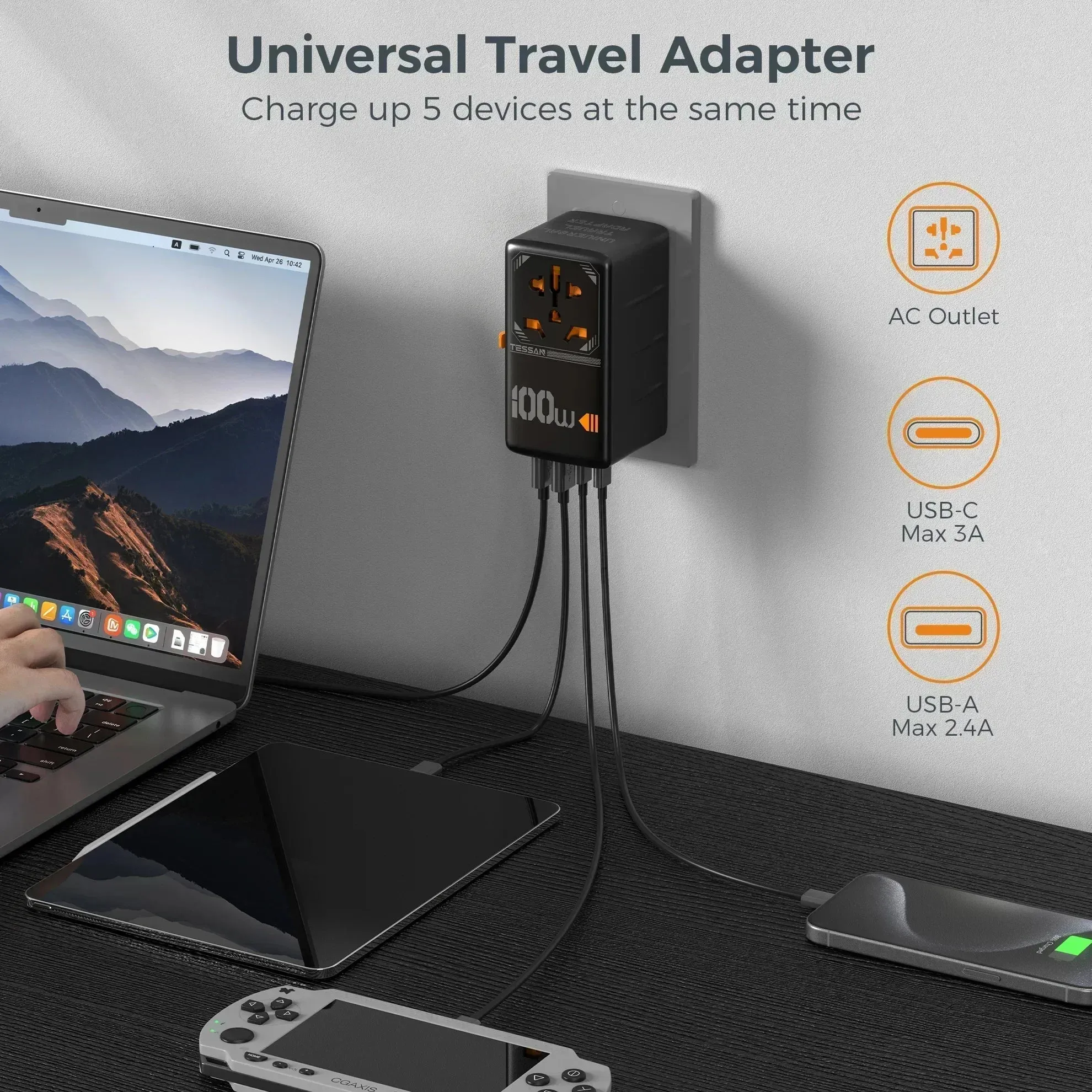 TESSAN 100W GaN Universal Travel Adapter – High-Speed USB & Type-C Fast Charger for EU/UK/US/AU!
