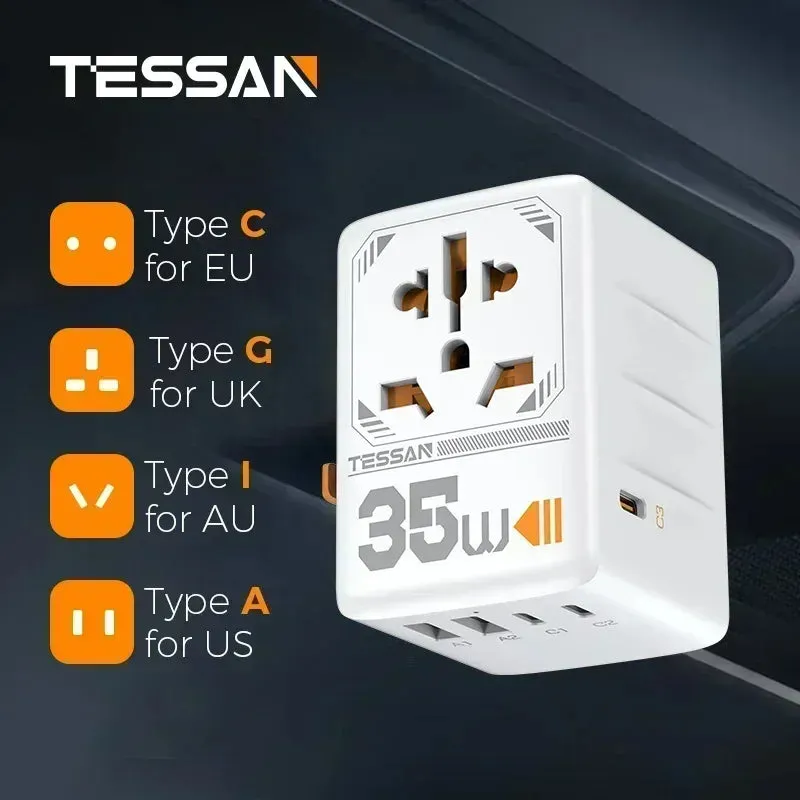 TESSAN 100W GaN Universal Travel Adapter – High-Speed USB & Type-C Fast Charger for EU/UK/US/AU!
