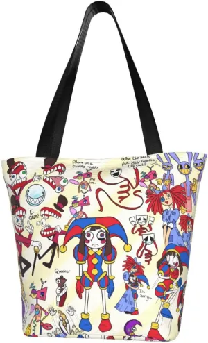 The Amazing Funny Digital Comedy Circus Reusable Grocery Bag for Kitchen Tote Bags for Women Shoulder Bag with Zipper Casual Daily Bag Large Capacity Shopping Handbag Storage Bags for Gym