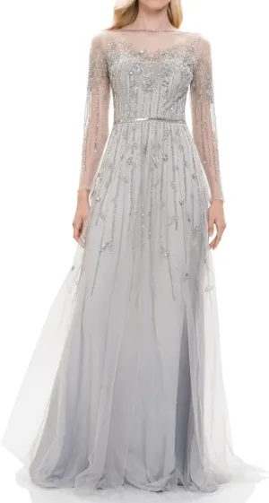 THEIA Womens Beaded Tulle Evening Dress Silver 16