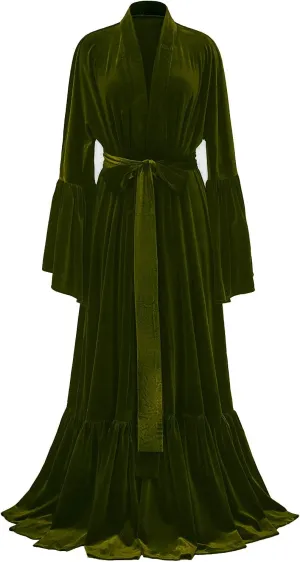 Tianzhihe Velvet Bridal Robe Long Flare Sleeves Nightgown Sleepwear Loose Warm Bathgown