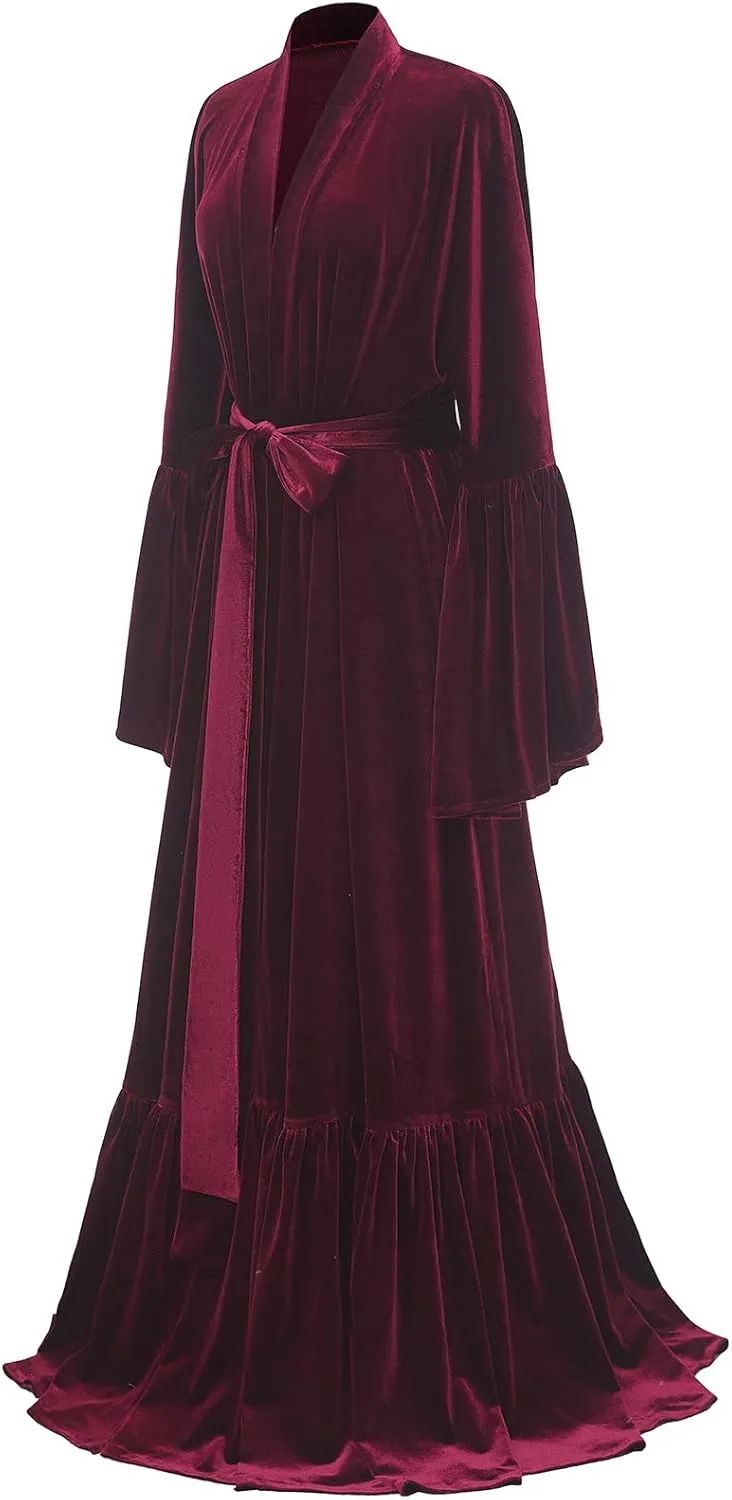 Tianzhihe Velvet Bridal Robe Long Flare Sleeves Nightgown Sleepwear Loose Warm Bathgown