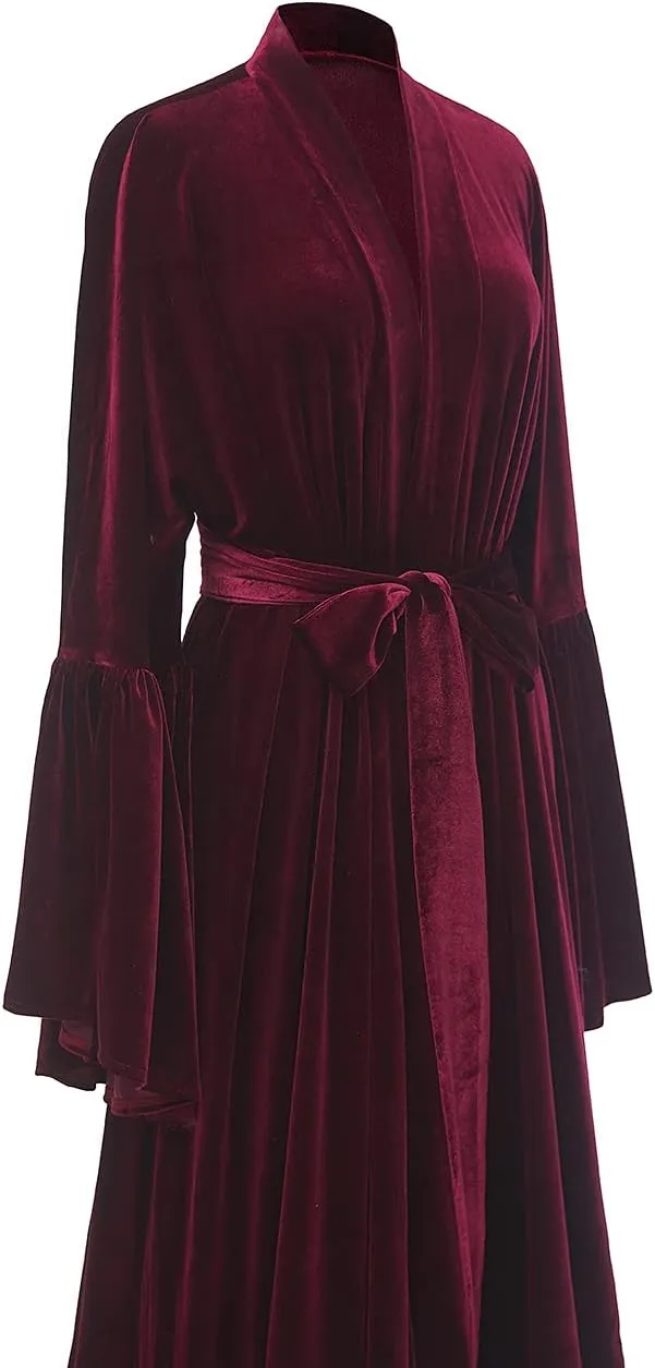 Tianzhihe Velvet Bridal Robe Long Flare Sleeves Nightgown Sleepwear Loose Warm Bathgown
