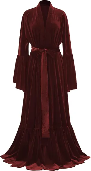 Tianzhihe Velvet Bridal Robe Long Flare Sleeves Nightgown Sleepwear Loose Warm Bathgown
