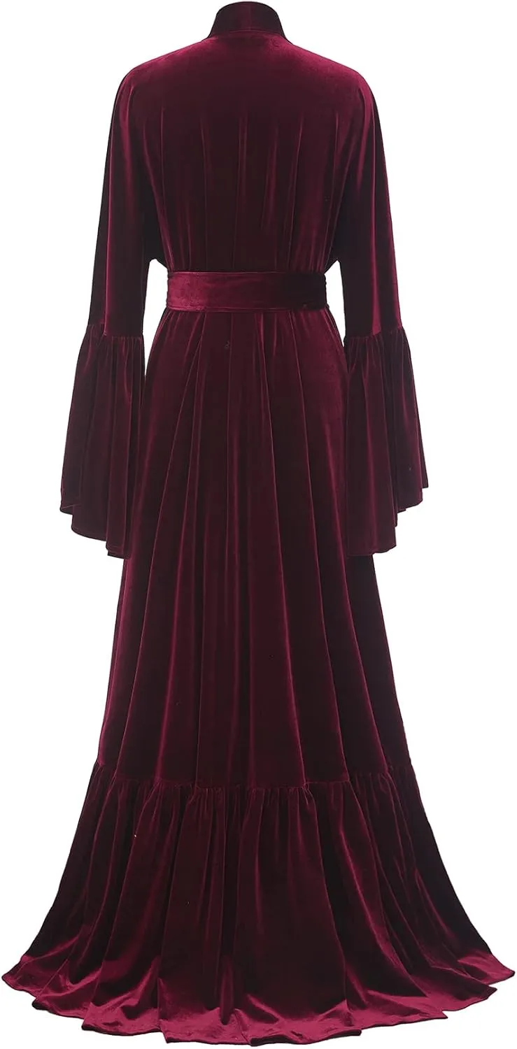 Tianzhihe Velvet Bridal Robe Long Flare Sleeves Nightgown Sleepwear Loose Warm Bathgown
