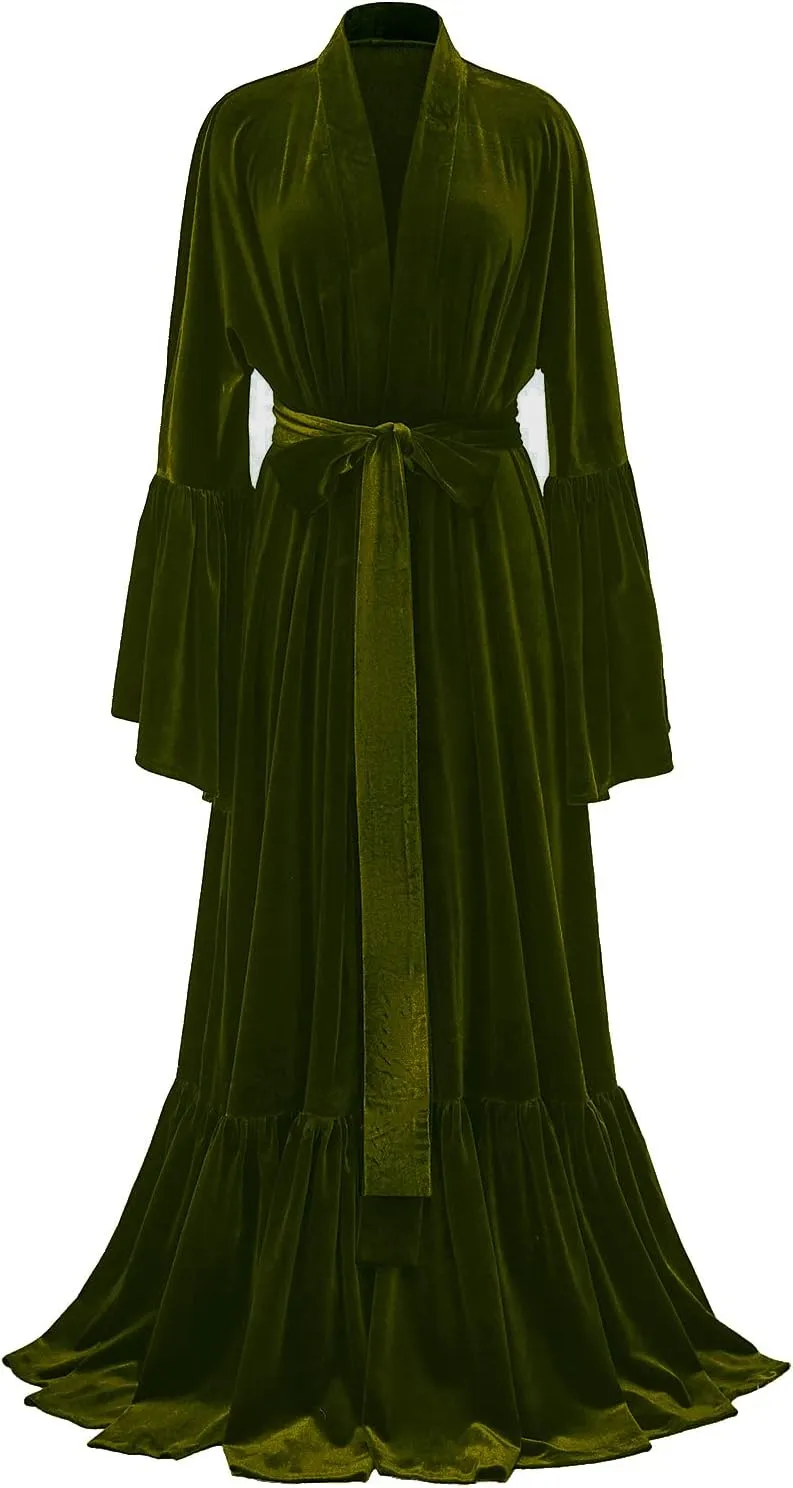 Tianzhihe Velvet Bridal Robe Long Flare Sleeves Nightgown Sleepwear Loose Warm Bathgown