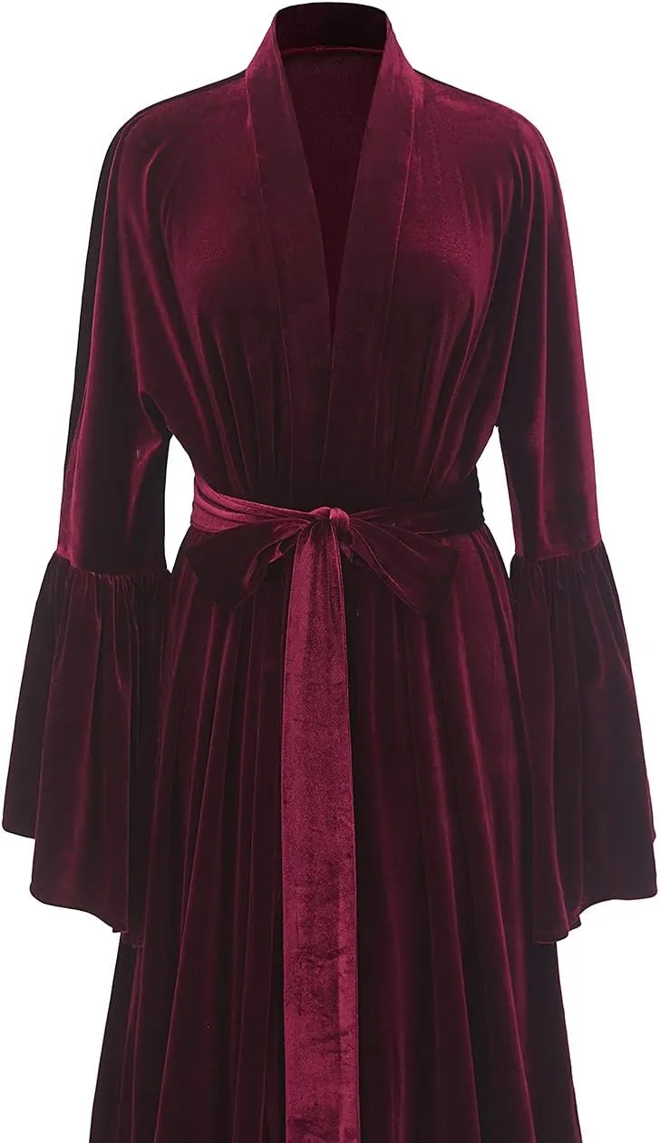 Tianzhihe Velvet Bridal Robe Long Flare Sleeves Nightgown Sleepwear Loose Warm Bathgown