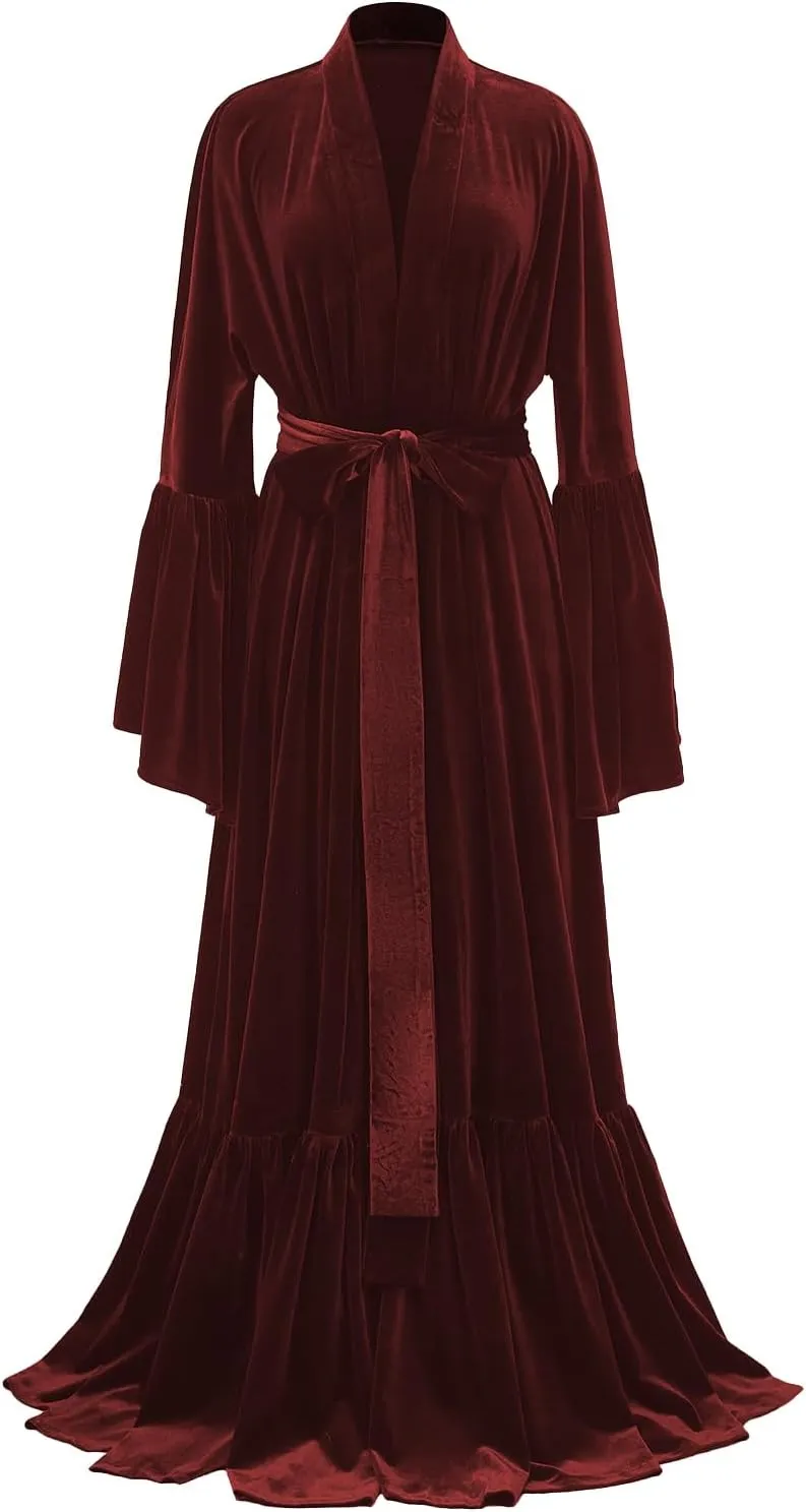 Tianzhihe Velvet Bridal Robe Long Flare Sleeves Nightgown Sleepwear Loose Warm Bathgown